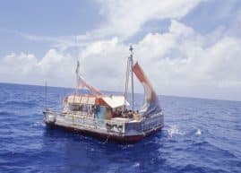 Picture of the 1973 Acali raft that crossed the Atlantic with eleven people onboard in a controversial scientific experiment in human behavior.